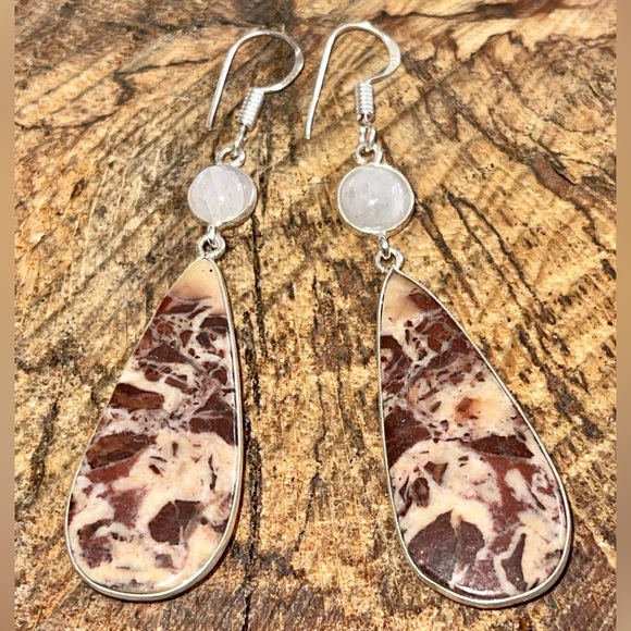Coconut Jasper & Rainbow Moonstone Earrings 2 1/2” - Picture 9 of 14